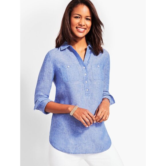 Talbots Sz M Linen Camp Shirt Cross Dyed Popover V Neck Front Pockets